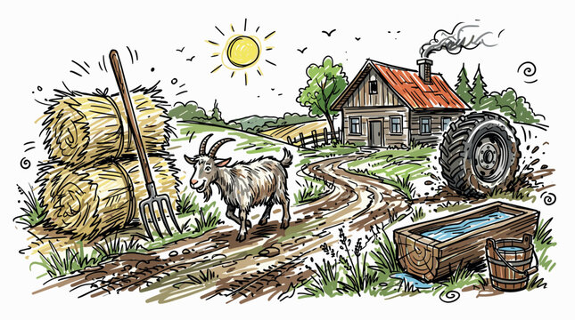 Rural farm and countryside concept icons with goat, haystack and farmhouse for branding design in colorful hand style
