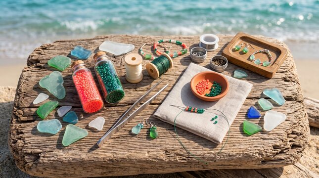 Beadwork tools with sea glass and colorful beads on driftwood at the beach isolated on blurred background.