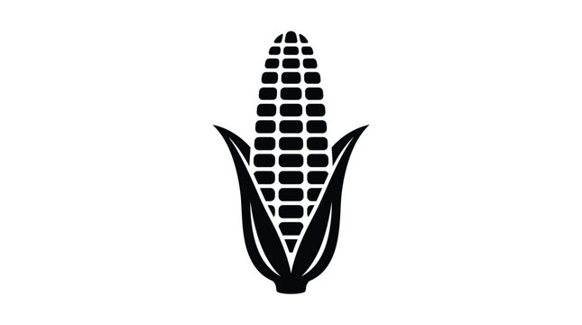 A sharp black vector illustration of a corn cob with leaves in a minimalist style