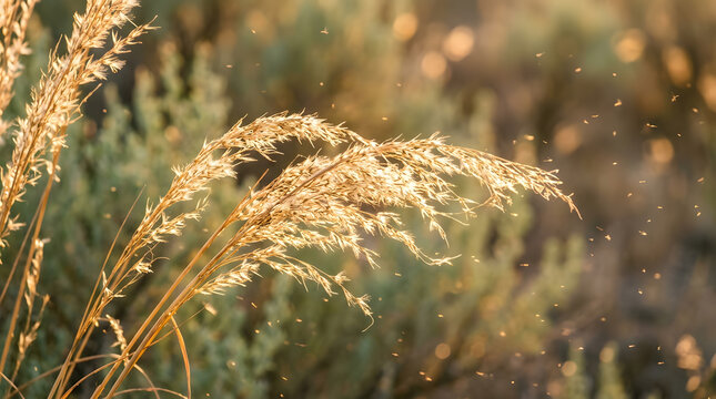 Golden hour sunset lighting over dry wild grass | Insects swarming in the warm evening light | Natural field landscape during autumn | Close up of gnats and midges flying in the air | Peaceful nature
