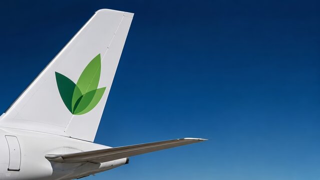 Sustainable Aviation Fuel concept represented by a green leaf emblem on the tail of a white passenger aircraft against a deep blue sky, with generous copy space for clean aviation messaging.