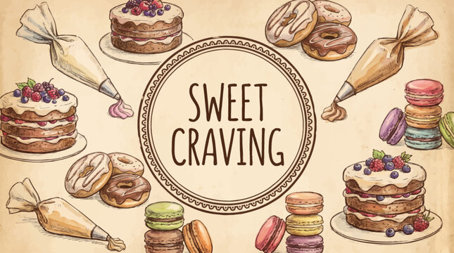 Handdrawn style illustration of cakes donuts macarons and piping bags surrounding a central Sweet Craving label