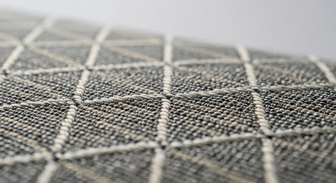 Close up texture of grey woven fabric carpet with geometric diamond pattern.