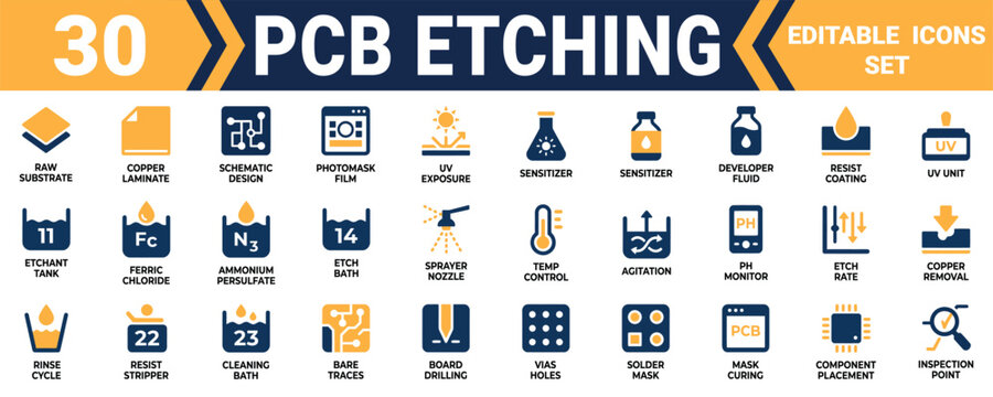Set of 30 flat vector icons for printed circuit board pcb etching and manufacturing process steps Minimal solid fill icon set bundle collection. Editable Vector Illustration Mega pack