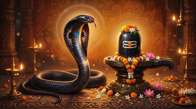 Happy nag panchami celebration with shiva lingam and cobra on festive orange background symbolizing indian tradition devotion and sacred hindu spiritual art 