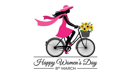 Fototapeta premium Elegant woman wearing a pink hat and dress riding a bicycle with a flower basket