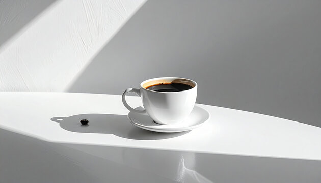 White cup of black coffee and single bean on white surface with shadows