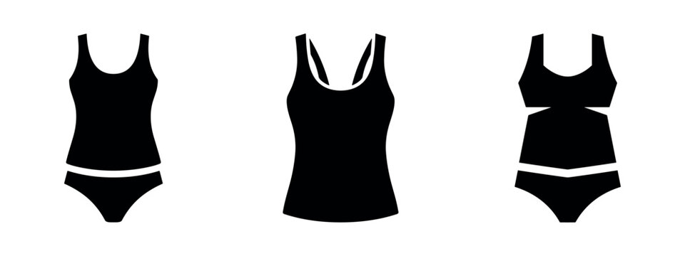 Tankini swimsuit vector icon set with long top and bottom in different styles