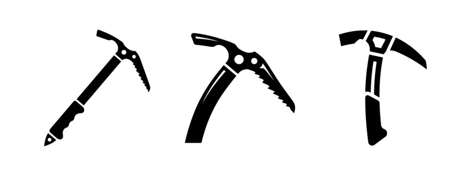 Essential ice axe and climbing pick tools icon set.