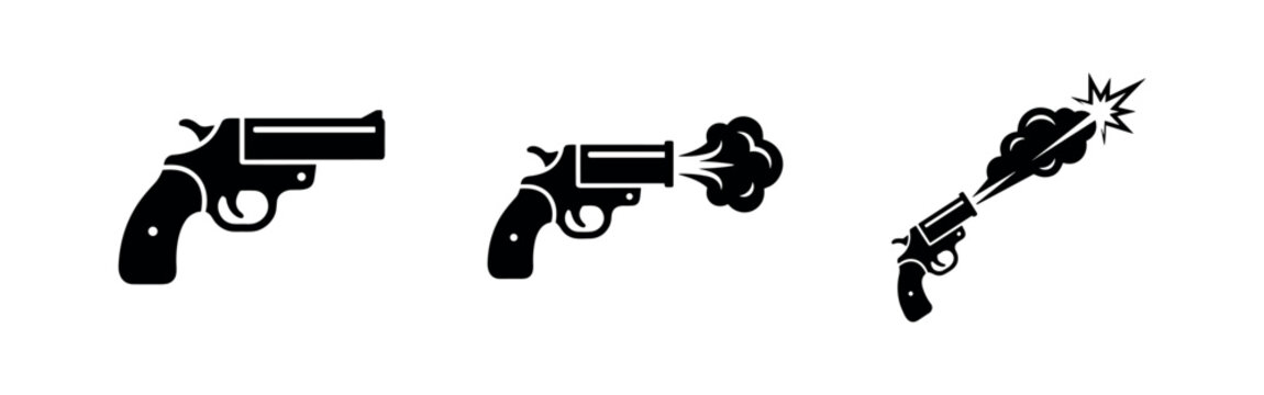 Revolver gun with firing and smoking barrel icon set.