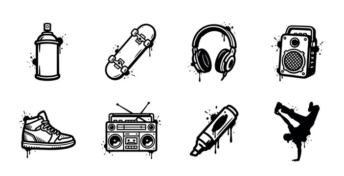 Urban culture elements set with graffiti style illustrations including spray can, skateboard, headphones, boombox, sneaker, marker, and breakdancer silhouette.