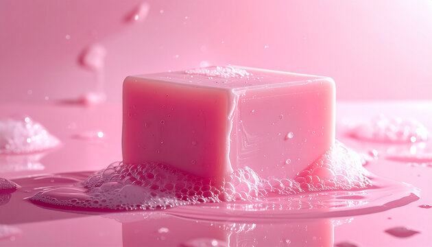 Pink soap cube with bubbles in liquid soft lighting