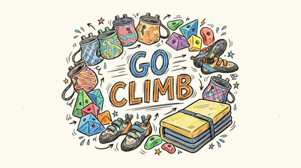 Fototapeta premium An illustration features the words GO CLIMB surrounded by climbing gear including chalk bags shoes and mats