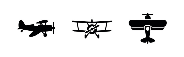 Classic biplane aircraft icon set from various angles © Lili