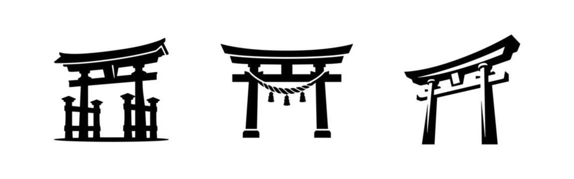 Traditional Japanese Torii gate icon set, a symbol of shrines and spirituality