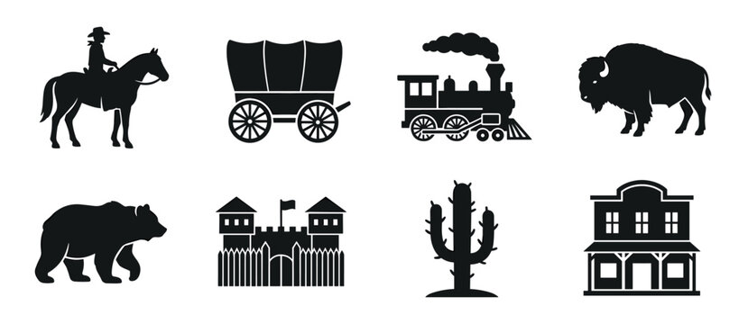 Wild West frontier icons collection set featuring cowboy, covered wagon, steam train, bison, bear, fort, cactus, and saloon building silhouettes.