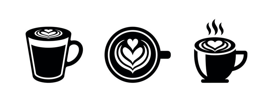 Coffee latte art icons with heart shapes, symbolizing love for coffee and barista craftsmanship