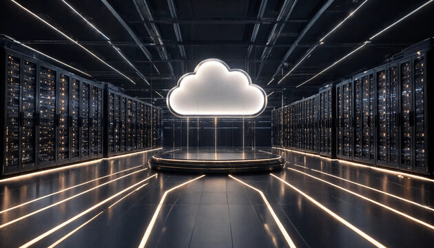 Glowing abstract cloud symbol floating inside a massive server farm data center facility with datacenter technology computing infrastructure internet connectivity database information