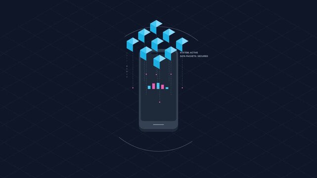 Abstract Smartphone Data Processing Concept with Floating Isometric Cubes