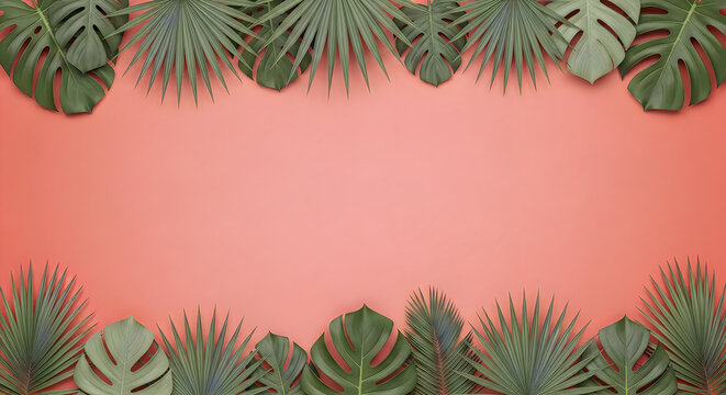 Top and bottom border frame made of various green tropical monstera and palm leaves isolated on a solid pastel pink background surface