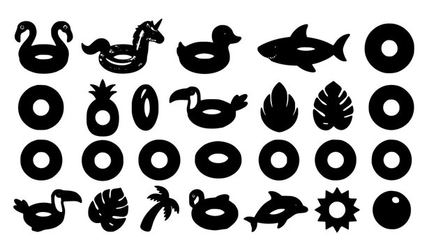 Cute inflatable swimming ring illustration set with flamingo duck unicorn shark and summer pool toy vector collection