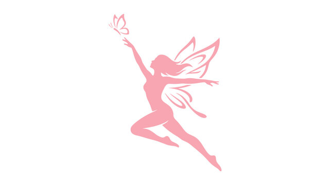 Elegant pink fairy silhouette reaching for a delicate butterfly in a graceful and artistic motion