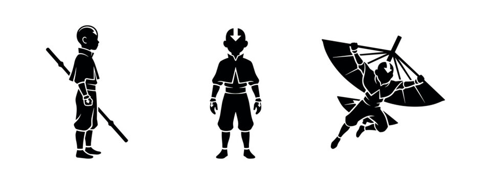 Aang from Avatar: The Last Airbender Silhouette Icons. Cartoon Character Poses.
