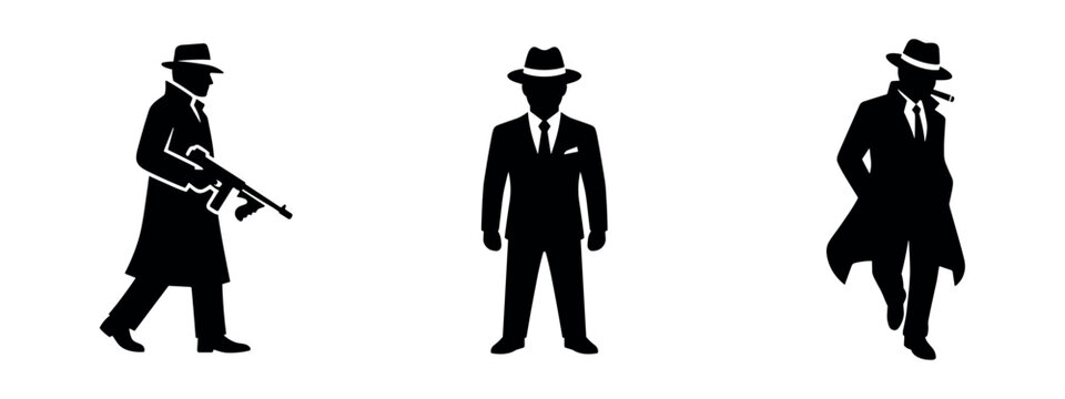 Mafia Gangster Silhouette Icons Set. Vintage Crime and Prohibition Era Characters.