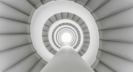 Fototapeta premium Looking up from the bottom of a white spiral staircase towards a bright circular skylight at the top