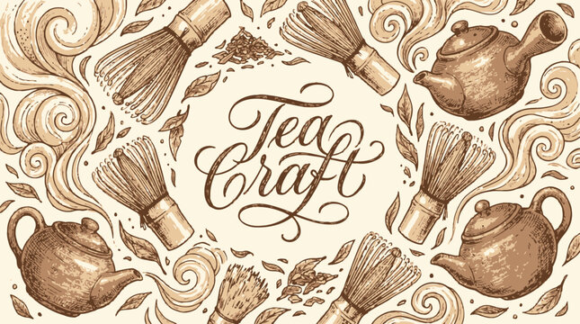 Handdrawn illustration featuring bamboo whisks clay teapots steam curls and tea leaves framing the text Tea Craft