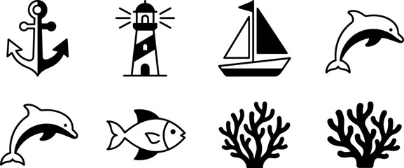 Set of marine and nautical icons including anchor, lighthouse, sailboat, dolphin, fish, and coral © VECTOR Files