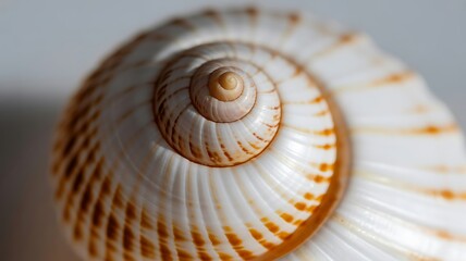 Seashell displays a perfect spiral pattern resting on a neutral background.