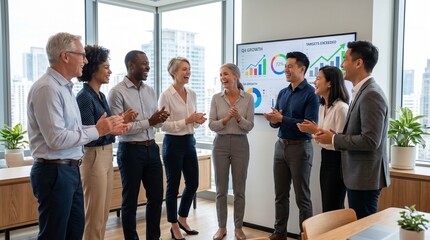 Obraz premium Diverse business team applauding in a modern office with a data presentation on a screen, celebrating success and teamwork.