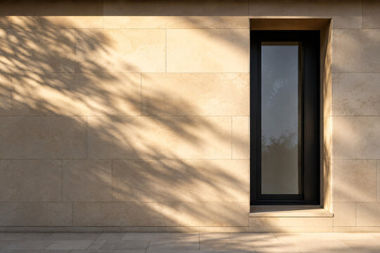 Narrow Black Window in a Sunlit Beige Stone Facade