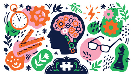 Naklejka premium Creativity and mental process design icons with brain, gears and stopwatch for presentation design in flat illustration style