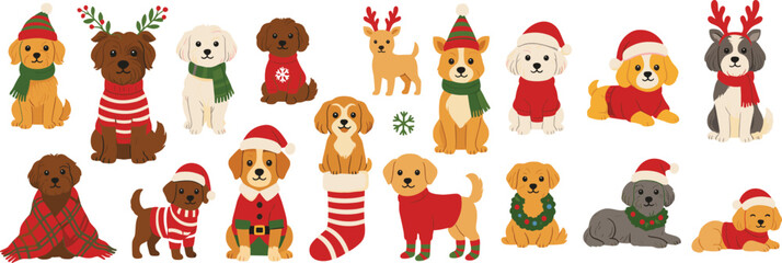Obraz premium Cute Christmas Dog Character Collection Wearing Santa Hats Sweaters Scarves and Festive Winter Accessories Cartoon Vector Set
