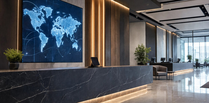 Modern corporate reception area with large world map display and marble desk business center reception business corporate architecture interior workspace entrance professional