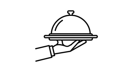 Fototapeta premium Hand presenting covered dish black line icon on white background