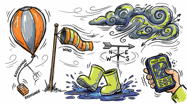 Weather monitoring and meteorology concept icons with wind sock, radiosonde and rain boots for infographic design in doodle style