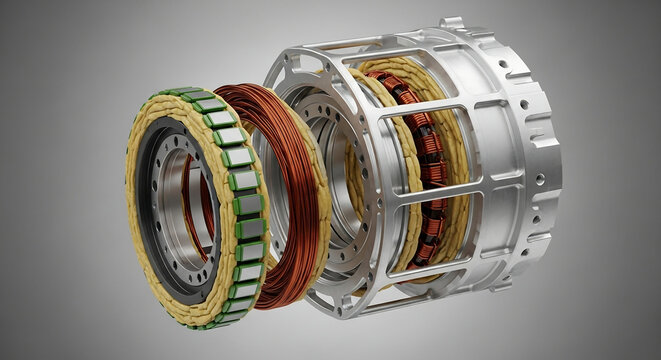 Exploded view of an electric motor showing internal components and windings.