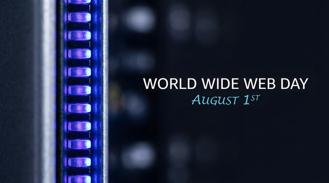 World wide web day celebration banner featuring abstract digital server technology and blue glowing lights
