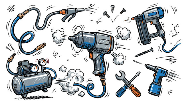 tools and repair vector icons with air compressor, impact wrench and screwdriver for presentation design in colorful illustration style