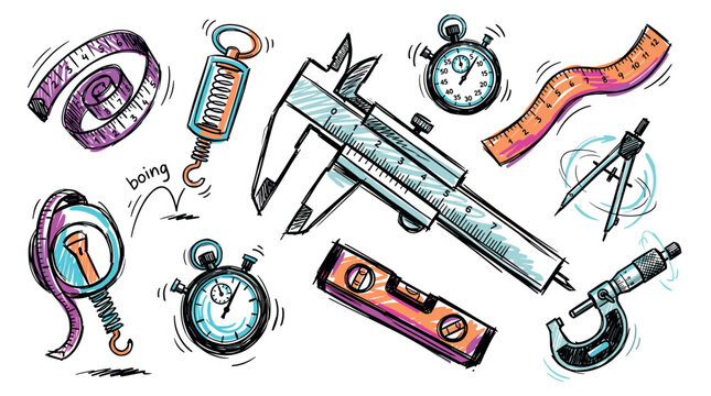 Measurement and engineering vector icons with caliper, stopwatch and ruler for infographic design in hand drawn style