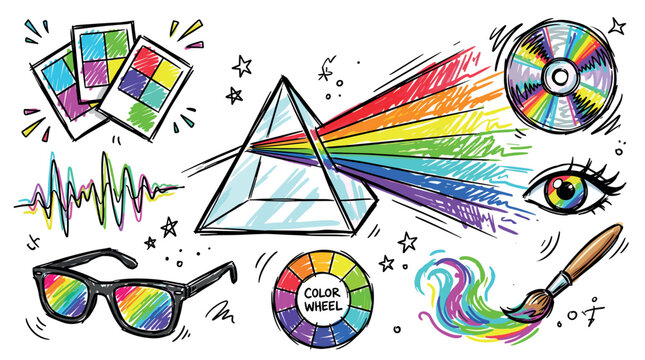 Color theory and creative design icons with prism, color wheel and paintbrush for presentation design in doodle illustration