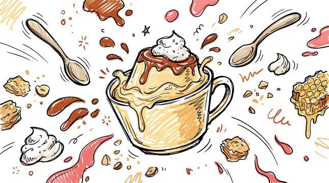 Dessert and sweet food design icons with pudding, whipped cream and honeycomb for web design in colorful hand illustration