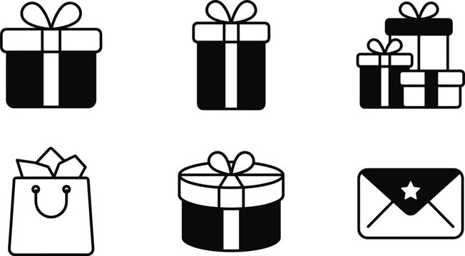 Collection of gift and present icons, including various gift boxes, a shopping bag, and a gift envelope, flat vector illustration