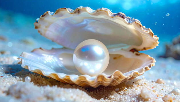 Open seashell with pearl on sandy seabed underwater scene