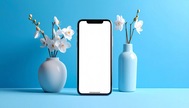 Smartphone mockup with orchids in vases against blue background
