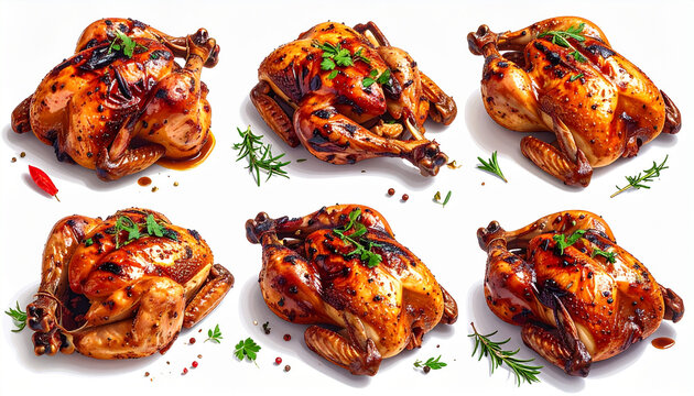 Six roasted whole chickens with herbs and spices isolated on white