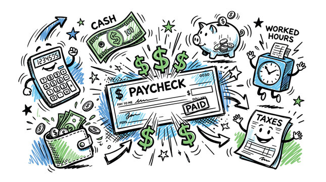 Payroll and financial concepts design icons with paycheck, calculator and piggy bank for business presentation in colorful hand drawn style